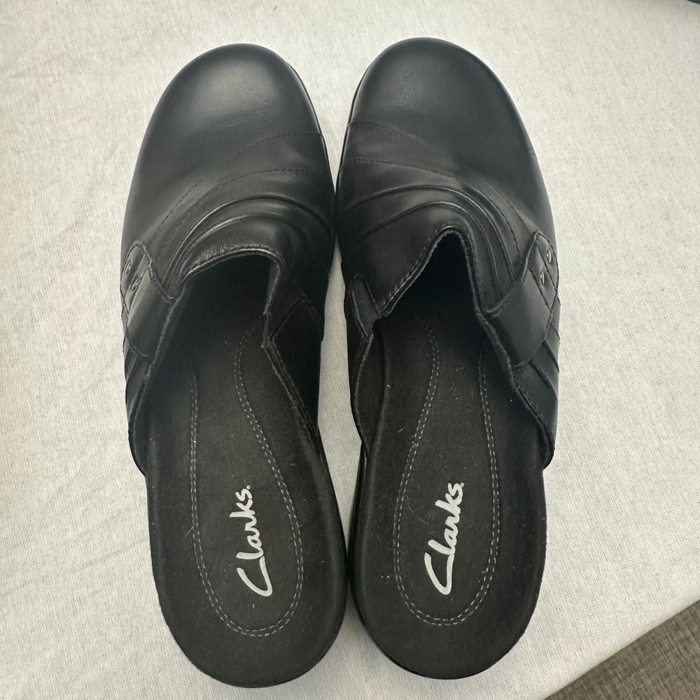 Clarks Prarie Flower Black Leather Mules Clogs Studded Wedge Shoes 35543 7.5 M - Picture 2 of 10